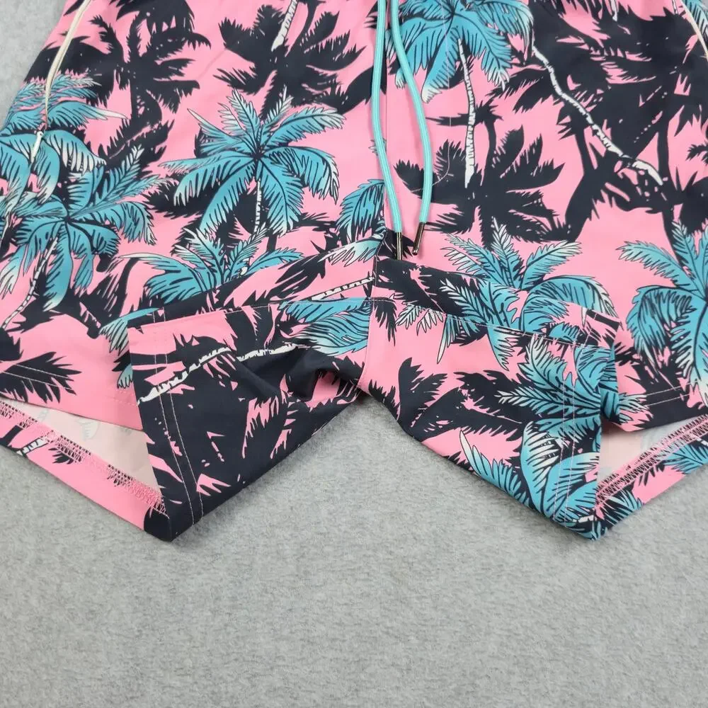 SURFCUZ Mens Medium Pink Swim Trunks Black Blue Palm Tree Pattern Drawstring